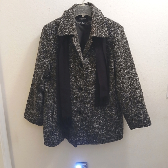 London Fog Wool Single Breasted Coat W/Scarf Women's Size 1X Black/White Flecked - Picture 1 of 5